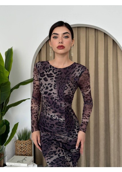 Leopar Streç Tül Elbise