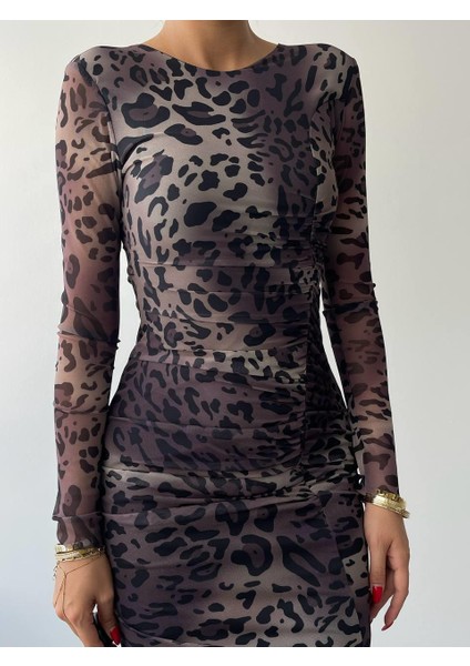 Leopar Streç Tül Elbise