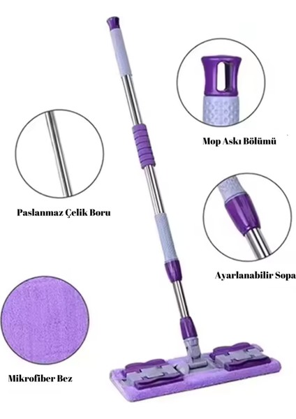 Mor Mandallı Mikrofiber Mop, Fayans, Duvar, Yer Mopu, Yüzey Temizlik (1 Adet Yedek Bez Hediyeli)