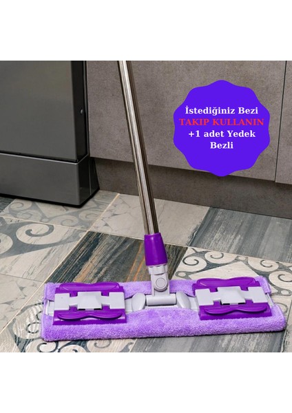 Mor Mandallı Mikrofiber Mop, Fayans, Duvar, Yer Mopu, Yüzey Temizlik (1 Adet Yedek Bez Hediyeli)