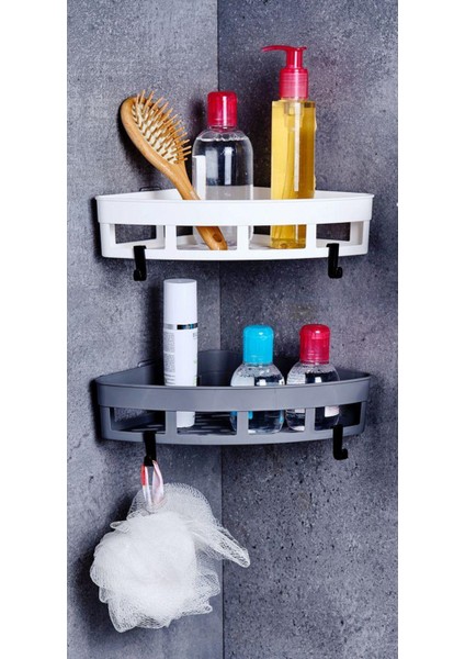 Main Shop 2’li Köşe Üçgen Düzenleyici Yapışkanlı Mutfak ve Banyo Rafı, Şampuan, Sabun, Duş Jeli Beyaz Renk