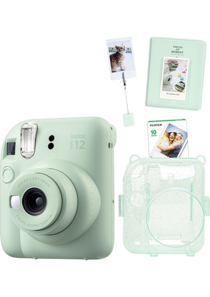 Instax Mini 12 10 Filmli Kıskaçlı Stand-Pvc Albüm ve Simli Pleksi Kılıflı Yeşil Fotoğraf Makinesi