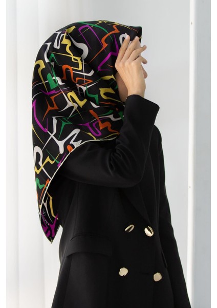 Siyah-Sarı Geometrik Desenli Tivil Ipek Eşarp 51736-25-47