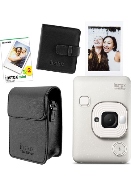 Instax Mini Liplay Hybrid Misty White Fotoğraf Makinesi 20'li Film Albüm ve Deri Kılıf Hediye Seti