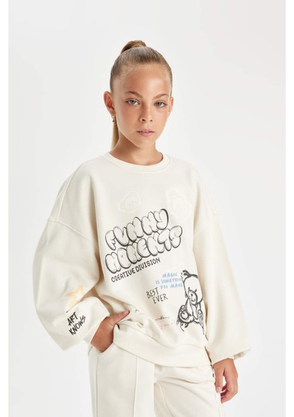 Kız Çocuk Oversize Geniş Kalıp Bisiklet Yaka Ayıcık Baskılı Sweatshirt D0612A824AU