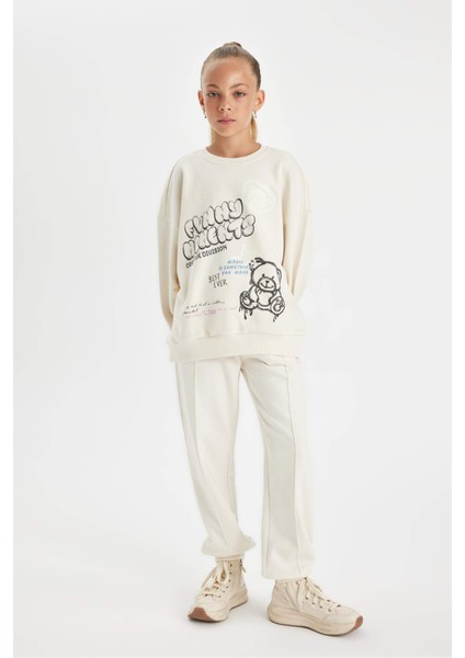 Kız Çocuk Oversize Geniş Kalıp Bisiklet Yaka Ayıcık Baskılı Sweatshirt D0612A824AU fiyatları
