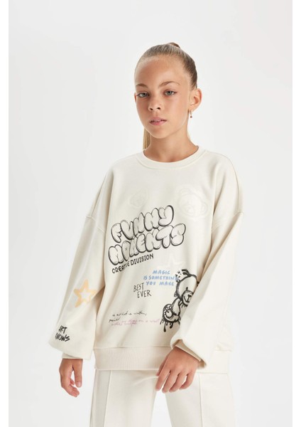 Kız Çocuk Oversize Geniş Kalıp Bisiklet Yaka Ayıcık Baskılı Sweatshirt D0612A824AU fırsatları