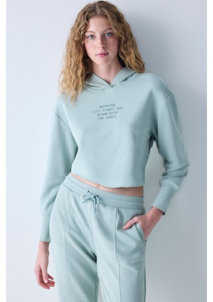 Açık Yeşil Kapüşonlu Ribana Detaylı Sweatshirt