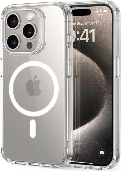 iphone 15 Pro Max Için Ultimate Serisi Magsafe ile Uyumlu Kesinlikle Sararmayan Ultra Şeffaf Kristal Berraklığında Akrilik Sert Kılıf Metal Tuşlar ve Güçlü Manyetik Kılıf (Beyaz)