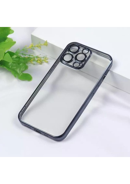 iPhone 13 Pro Max Uyumlu Kenarları Renkli Lazer Kamera Lens Korumalı Lüks Silikon Kılıf (Grafit Siyah)