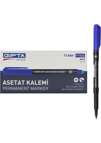 Permanent Asetat Kalemi Silgili M Uç Mavi 12 Adet F1536