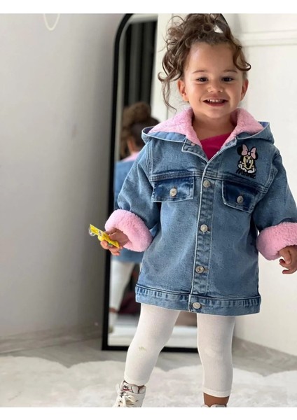 Kız Çocuk Minnie Kalın Welsoftlu Kapüşonlu Kot Mont