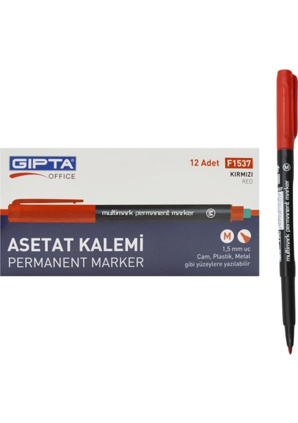 Permanent Asetat Kalemi Silgili M Uç Kırmızı 12 Adet F1537