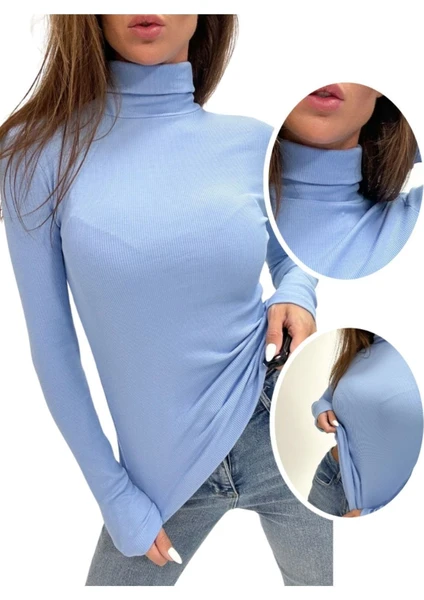 ALYA UNDERWEAR Kaşkorse Tam Boğazlı Body Sweatshirt, Gök Mavi