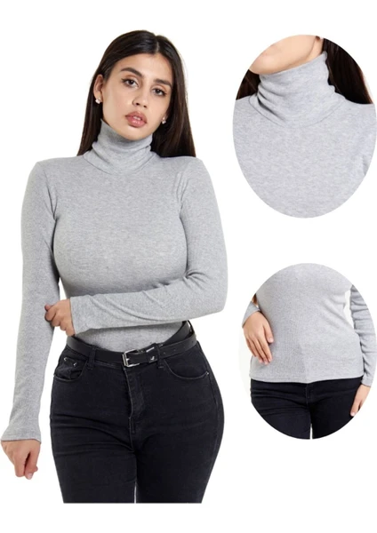 ALYA UNDERWEAR Kaşkorse Tam Boğazlı Body Sweatshirt, Gri Melanj