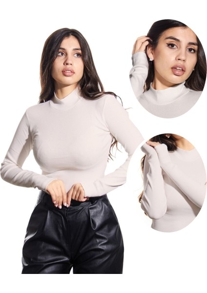 ALYA UNDERWEAR Kaşkorse Yarım Boğazlı Body Sweatshirt, Ekru