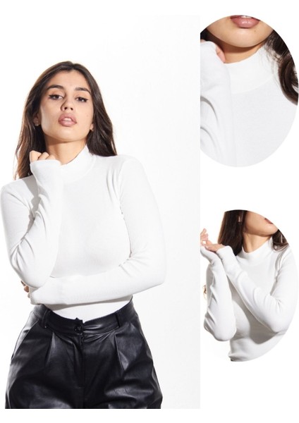 ALYA UNDERWEAR Kaşkorse Yarım Boğazlı Body Sweatshirt, Beyaz