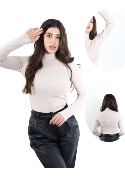 ALYA UNDERWEAR Kaşkorse Yarım Boğazlı Body Sweatshirt, Bej (Kemik)