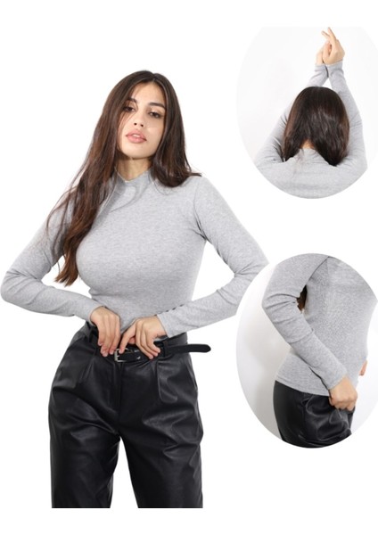 ALYA UNDERWEAR Kaşkorse Yarım Boğazlı Body Sweatshirt, Gri Melanj