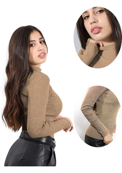 ALYA UNDERWEAR Kaşkorse Yarım Boğazlı Body Sweatshirt, Kahve Melanj