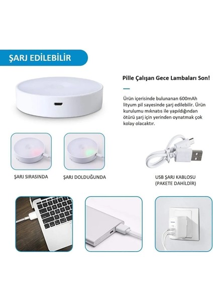 2 Renkli Hareket Sensörlü Usb Şarj Edilebilir Led Işık Dolap Içi Gece Lambası