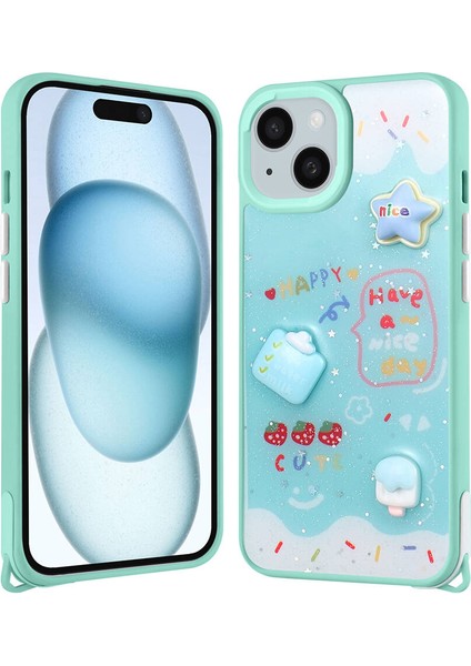 Apple iPhone 14 Plus Kılıf Parlayan Sıvılı Simli Kabartma Figürlü Cevze Kapak-Yeşil