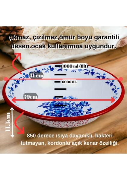 İnci Emaye 40 No 8 Litre Emaye Leğen Çırpma ve Karıştırma Kabı.hamur Leğeni.meyvelik.çeyiz. Büyük Kase