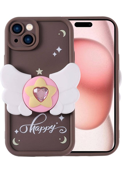 Apple iPhone 15 Kılıf Kamera Korumalı Figür Tasarımlı Kapya Kapak - Koyu Kahve