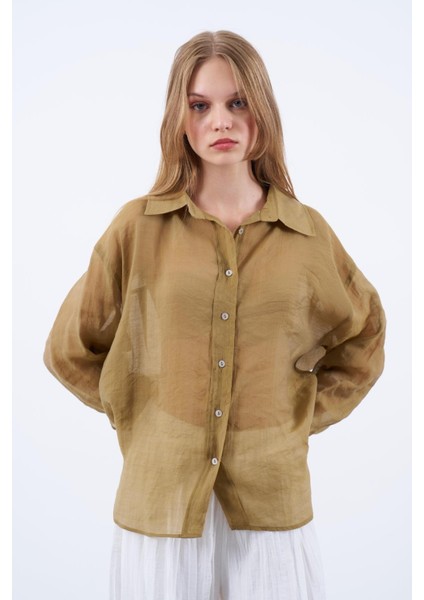 Kadın Oversize Ipeksi Olive Gömlek