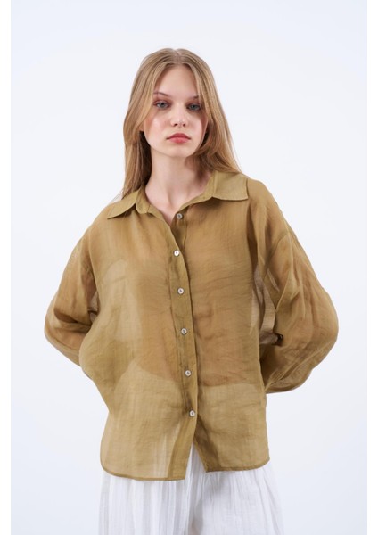 Kadın Oversize Ipeksi Olive Gömlek