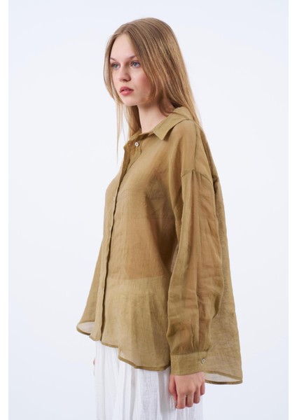 Kadın Oversize Ipeksi Olive Gömlek