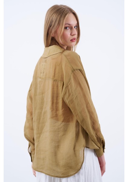 Kadın Oversize Ipeksi Olive Gömlek