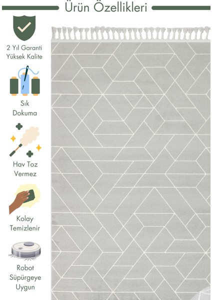 Lounge Serisi Etnik Desenlere Sahip Salon Oturma Odası Koridor Yumuşak Modern Halı 03 Grey Whıte