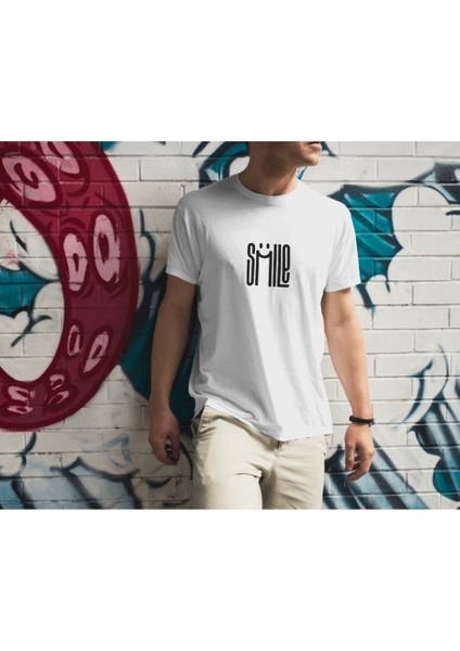 Beyaz Oversize T-Shirt Unisex Baskılı Smile