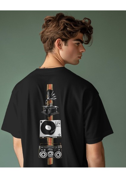 Siyah Oversize T-Shirt Unisex Baskılı Music History