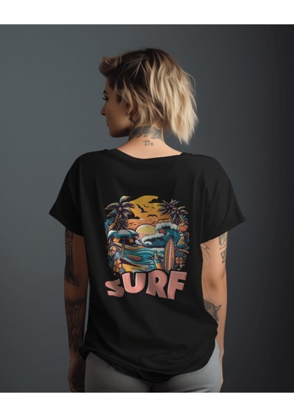 Siyah Oversize T-Shirt Unisex Baskılı Surf