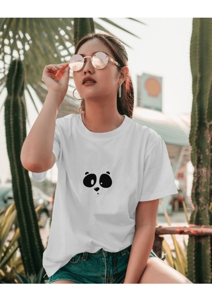 Beyaz Oversize T-Shirt Unisex Baskılı Pandaface