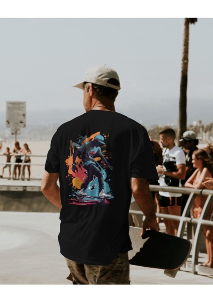 Siyah Oversize T-Shirt Unisex Baskılı Skateboard