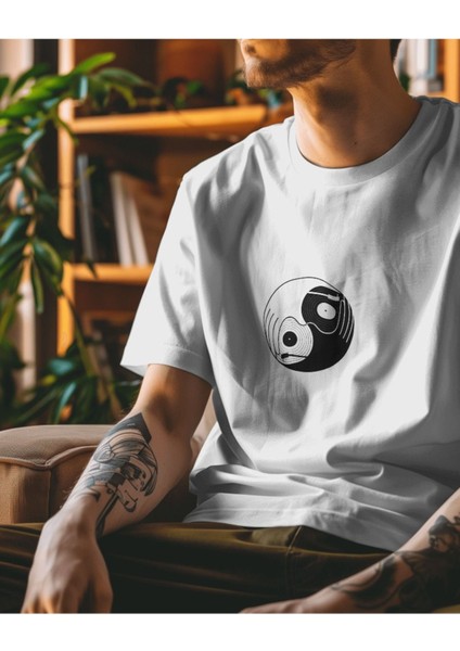 Beyaz Oversize T-Shirt Unisex Baskılı Ying-Yang