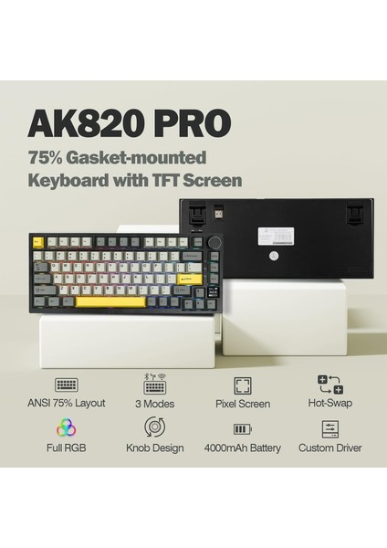 AK820 Pro Mekanik Oyun Klavyesi 3 Modlu Tft Renkli Ekran, Gasket Yapı Hot Swap Rgb