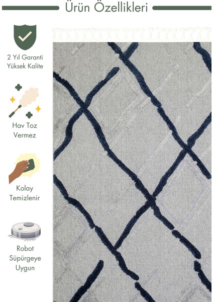Tabasco Serisi Etnik Desenli Oturma Odası Salon Koridor Modern Iskindinav Halı Tab 03 Grey Navy