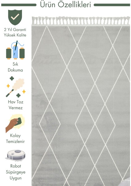 Lounge Serisi Etnik Desenlere Sahip Salon Oturma Odası Koridor Yumuşak Modern Halı 02 Grey Whıte
