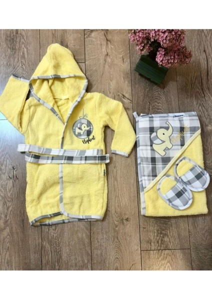 Major Selection Unisex Bebek Sarı Fil Desenli Bornoz Takımı 4 Parça