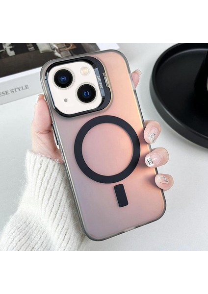 iPhone 15 Uyumlu Kılıf + Lens Koruyucu Set Standlı Arkası Hologramlı Mat Kamera Standlı