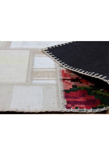 Maldives %100 Naturel Pamuk Yün Salon Oturma Odası Geleneksel Kendir Patchwork Kilim 02 Beıge Xw