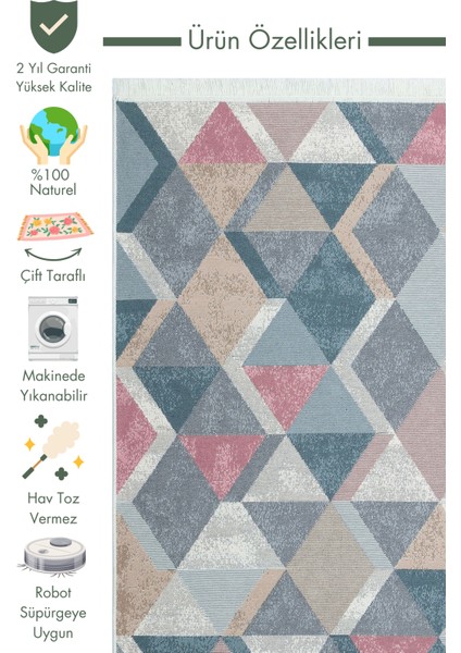 Maya %100 Naturel Pamuk Yıkanabilir Çift Taraflı Oturma Odası Mutfak Koridor Modern Kilim 10BLUEPINK