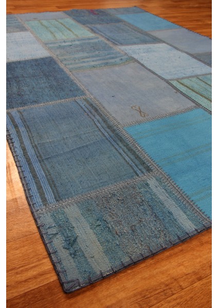 Maldives %100 Naturel Pamuk Yün Salon Oturma Odası Geleneksel Kendir Patchwork Kilim 01 Navy