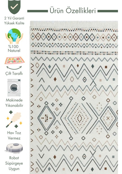 Maya %100 Naturel Pamuk Yıkanabilir Çift Taraflı Oturma Odası Mutfak Koridor Modern Kilim 05BEIGEBLU