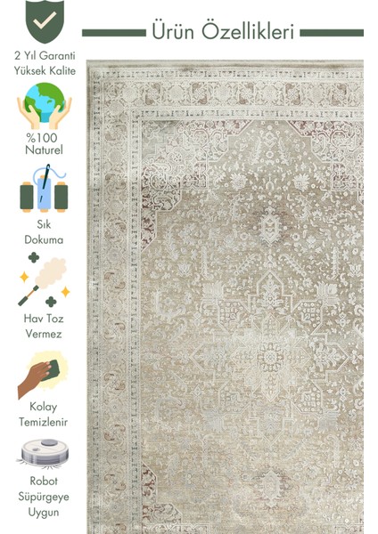 Golden Serisi %100 Naturel Yumuşak Dokulu Vintage Esintilere Sahip Sık Dokuma Salon Halısı 02 Grey