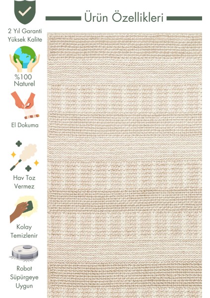 Woolstar %100 Naturel Kazak Desenli Salon Oturma Odası Koridor Antre El Dokuma Örgü Halı J352 Beıge